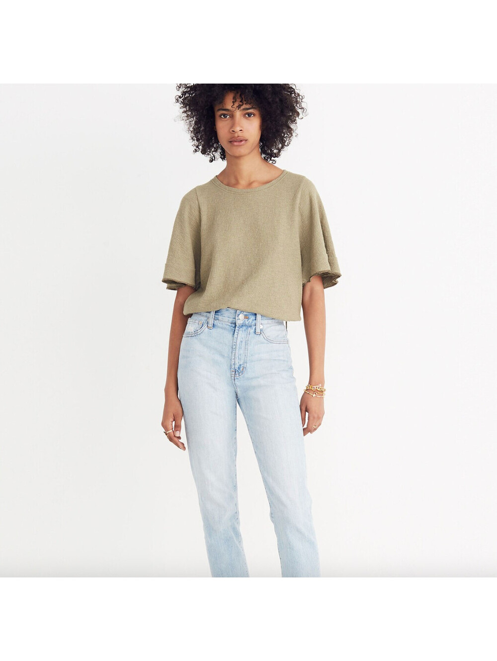 Madewell Texture Thread Flutter Sleeve Top Tundra Olive Green Cotton Blend M